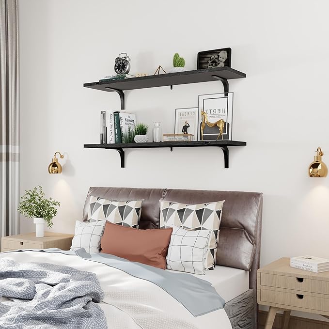 12 Inch Deep Floating Shelves Set of 2, 36 Inch Extra Wide Black Solid Wood Wall Shelves with 100 lbs Capacity, Heavy Duty Farmhouse Wall Mounted Shelving for Kitchen, Living Room & Bathroom
