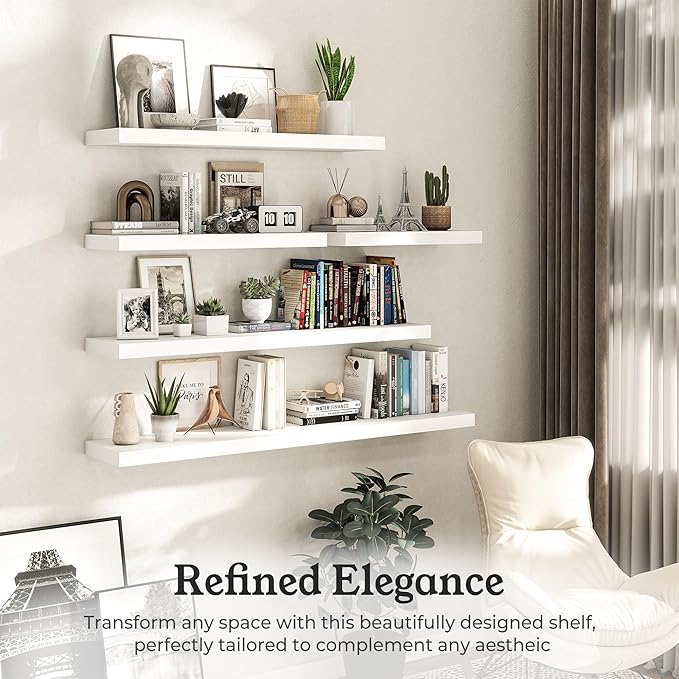 Floating Shelves for Wall, 9.3" Deep Wall Mounted Wood Shelves for Bathroom, Bedroom, Living Room, Kitchen, Hanging Shelf for Books/Storage/Room Decor (White, 55")