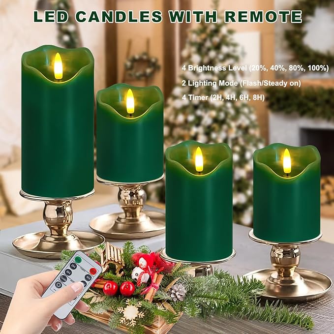Flameless Candles Lights, Set of 3 Flickering LED Candles with Remote & Timer, Dimmable Electric Pillar Candles Battery Operated, Green Candles for Home St. Patrick’s Day Christmas Decor (Green)