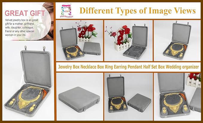 atorakushon Large Velvet Jewelry Box Big Necklace with Ring Earring Pendant Gift Case Pearl Necklace/Chunky Necklace Storage Pouch for Women Grey