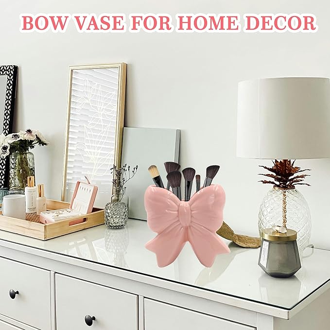 Small Ceramic Vases for Flowers, Cute Bow Vase, Pink Makeup Brush Organizer, Decorative Pen Holder, Ideal Women Gifts for Table, Office, Living Room, Shelf Decor