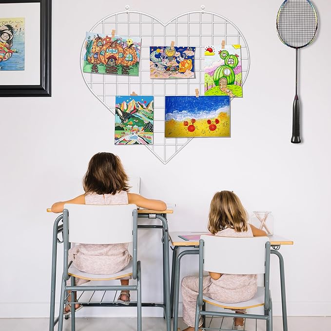 ECLENYES Grid Photo Wall Panels - 22.4"x20.4" Heart Shape Iron Rack Art Wire Board, Wall Grid Organizer, DIY Photo Frame for Home, Office, Kitchen, Bedroom, Christmas Gifts - White