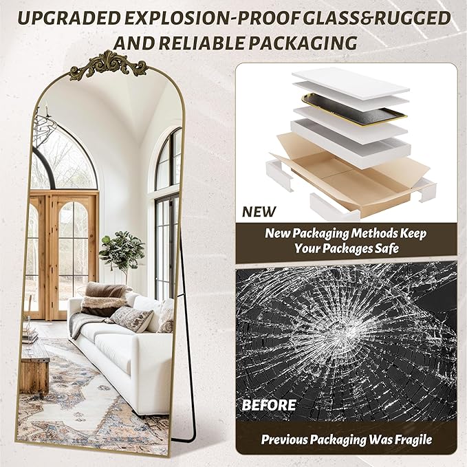Vintage Full Length Mirror,76"x34" Arched Antique Floor Mirror with Carved Metal Frame,Large Standing Wall Mounted or Leaning Mirror for Bedroom Living Room Entryway,Bronze