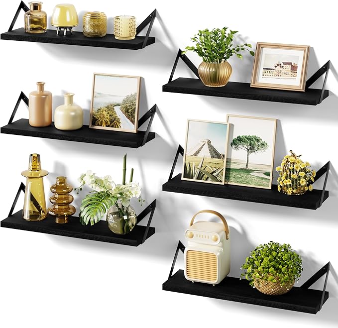 SRIWATANA Floating Shelves for Wall Decor, Wood Wall Shelves for Bathroom, Bedroom, Kitchen, Living Room, Set of 6 (Weathered Black)
