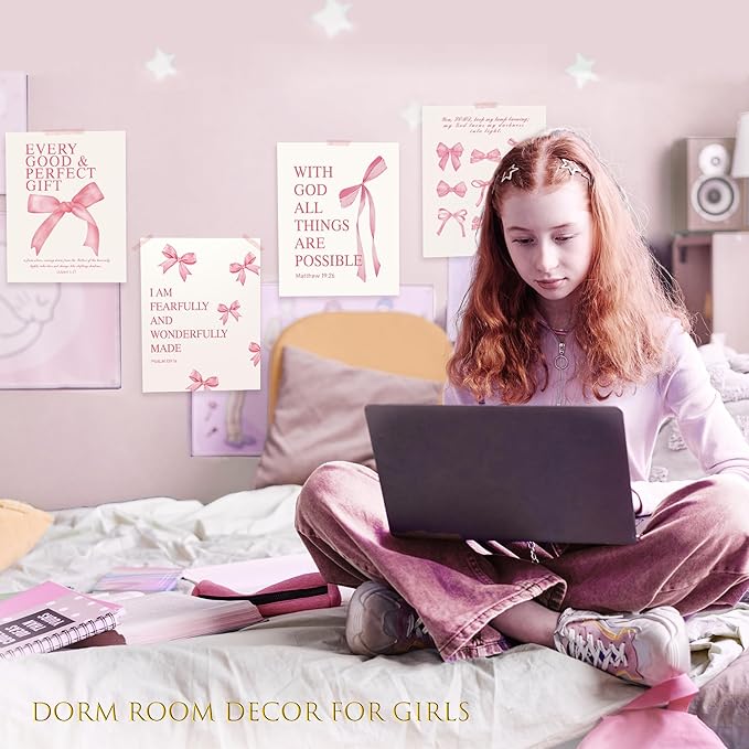 LARTSFRO Coquette Pink Bow Christian Wall Art Decor Posters, Pink Bow Room Bedroom Bathroom Dorm Wall Art Decor Aesthetic for College Teen Girls Gifts, Inspirational Bible Verses Bow Wall Decor, 12x16 Inch Set of 4 Pcs Bow Pictures (UNFRAMED)