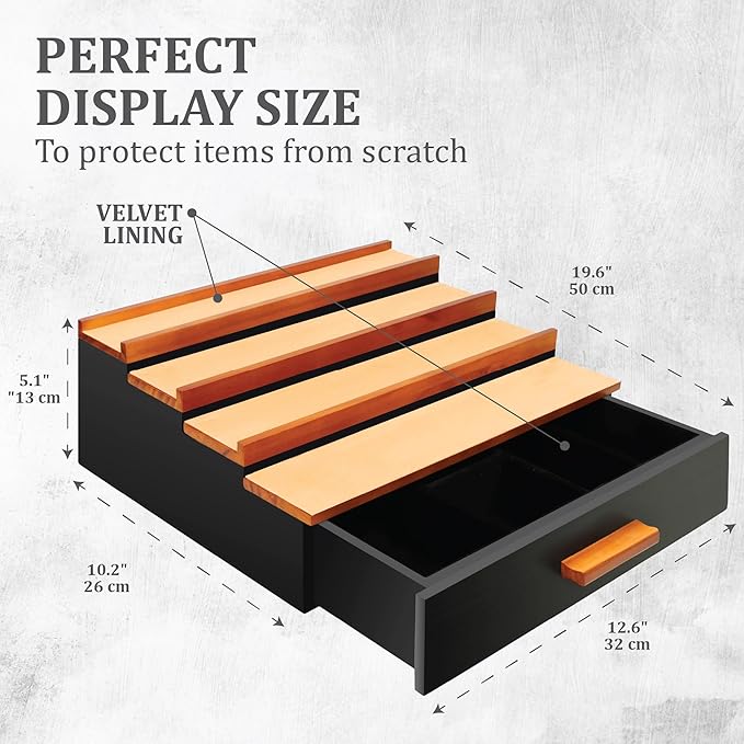 Cologne Organizer for Men，4 Tier Wood Perfume Display Stand with Velvet Lining Drawer and Hidden Compartment ，Perfume Organizer for Men，Great Gift for Man (Black Walnut)