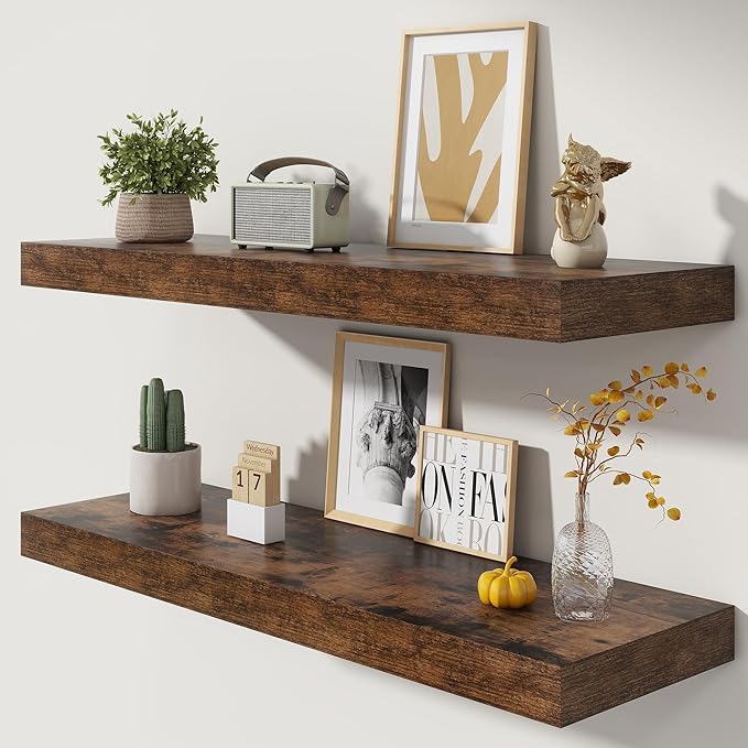 FLYJOE Deep Floating Shelves | 40 Inch Floating Shelves Set of 2 | 12 Inch Deep Brown Wood Wall Shelves | 40" W x 12" D Rustic Brown Shelves for Bathroom Living Room Kitchen Laundry Room
