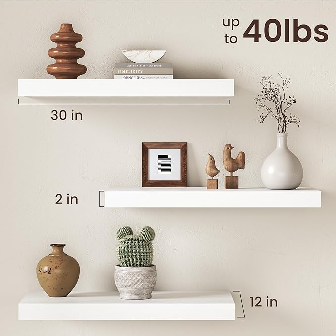 30Inch White Floating Shelves for Wall, 12 Inch Deep Shelves for Bedroom, Kitchen, Bathroom Wall Mounted, Rustic Wood Floating Shelf with Invisible Brackets for Books, Storage, Decor, 2 Packs