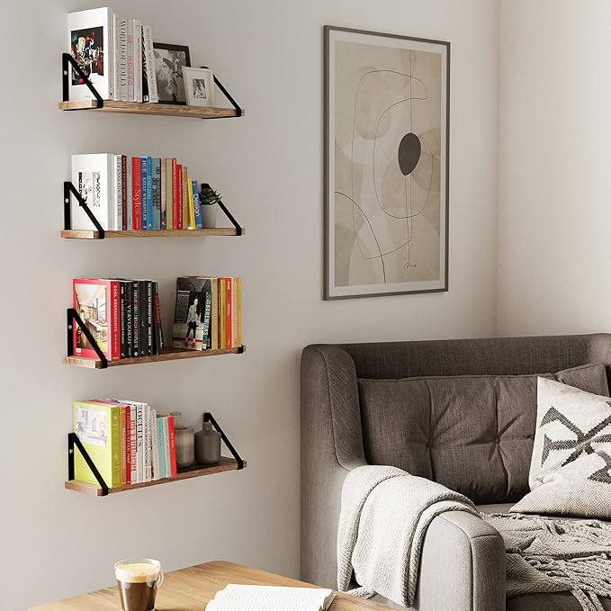 Wallniture Ponza Floating Shelves Wall Mounted Set of 4, Wall Shelves for Bedroom, Bathroom, Living Room, Kitchen, Natural Burnt Rustic Wood Board with Metal Floating Shelf Bracket