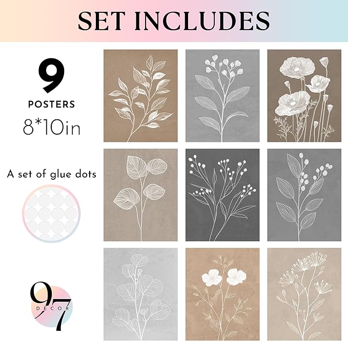 97 Decor Vintage Botanical Wall Art - Retro Floral Wall Art Posters, Farmhouse Pictures Wall Decor, Vintage Botanical Prints For Home Bedroom Office Decorations (8x10 Unframed)