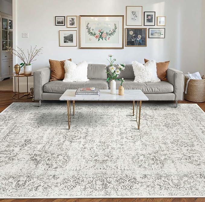 Rugxara 8x10 Washable Area Rug for Living Room, Extra Large Neutral Vintage Boho Rugs for Office, Kids Room, Farmhouse, Durable Low Pile Non Slip Carpet for High Traffic Areas, Light Grey
