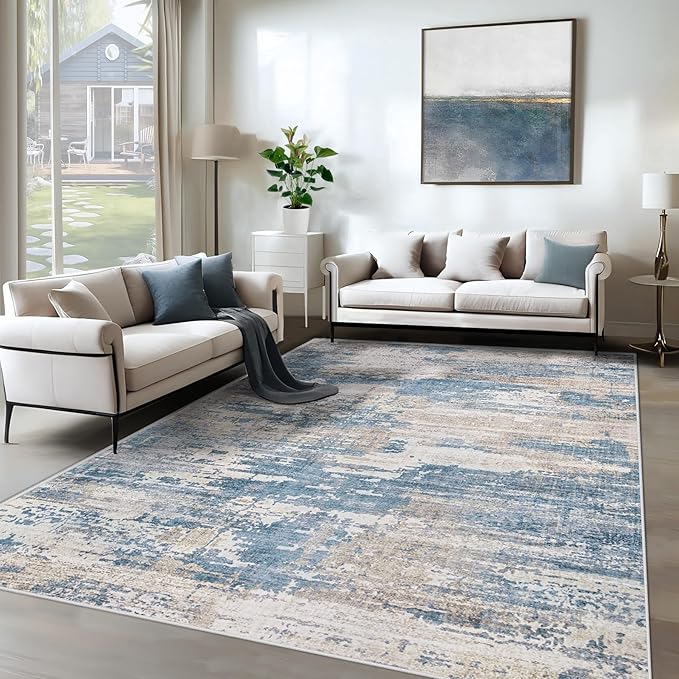 XLUEZ 6x9 Area Rugs for Living Room, Washable Modern Abstract Large Area Rug Neutral Soft Non Slip Kids Rug Stain Resistant Indoor Carpet for Bedroom Nursery Dining Room Playroom(BlueBeige, 6'x9')