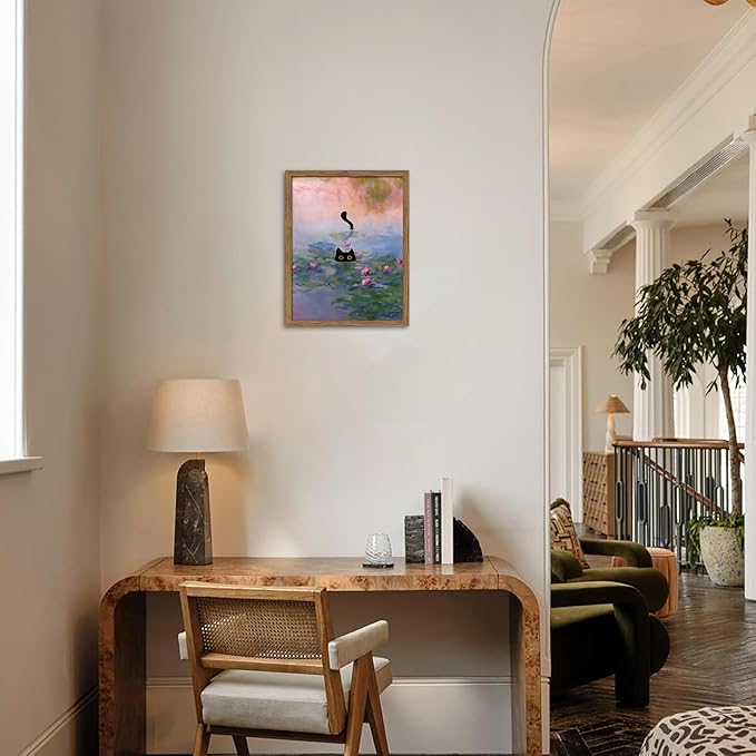 Vintage Framed Cat Canvas Wall Art Monet Print, Funny Black Cat in Water Lilies Poster, Monet Office Wall Decor, Floral Oil Painting Picture Artwork for Living Room Bathroom Aesthetic – 8x10 inch