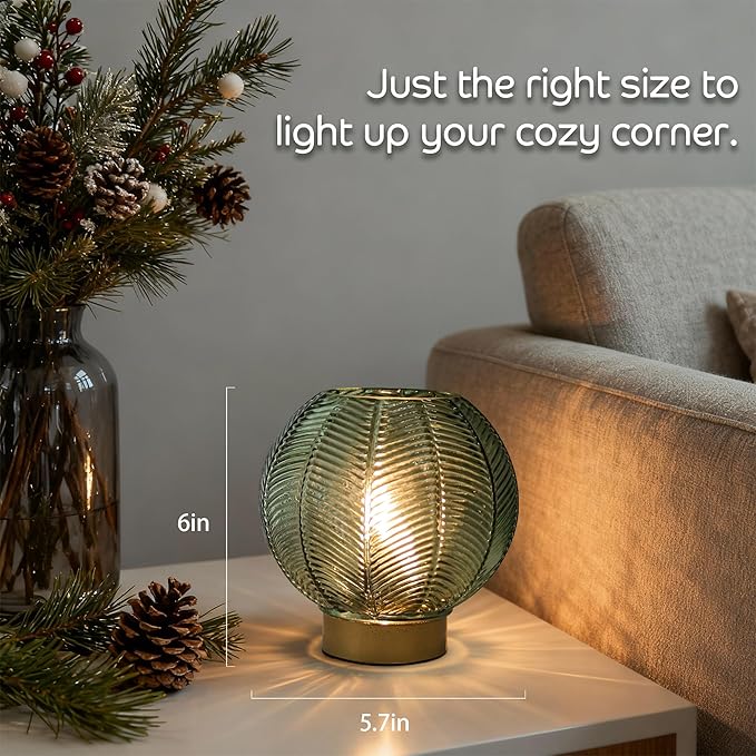 LUSHARBOR Battery Operated Lamp with Timer, Decorative Green Glass Table Lamp Cordless, Small Ambient Lamp for Bedside Bedroom Living Room Decor -Green