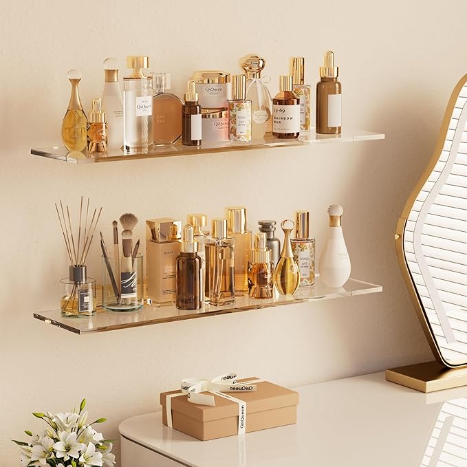 QsQueen Acrylic Floating Shelves with Solid Wood Base, Wall Mounted Shelf for Plants, Perfume, Nail Polish, Bathroom, Bedroom & Living Room Décor