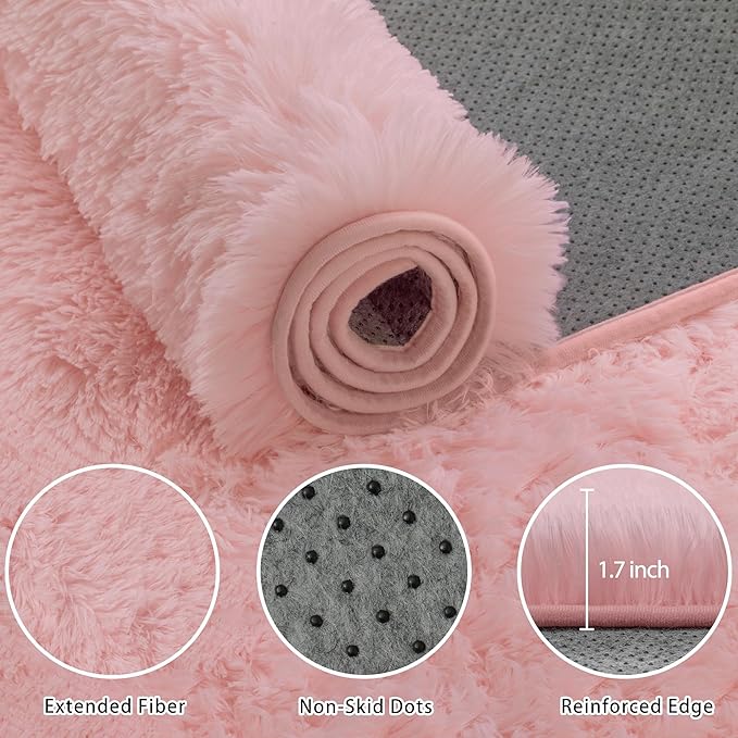 Fluffy Pink Area Rug for Bedroom Living Room Soft 8x10 Fuzzy Washable Rugs Non-Shedding Indoor Plush Rug for Nursery Kids Room Dorm Room Home Decor, High Pile Shaggy Floor Carpets(Dark Pink 8'x10')