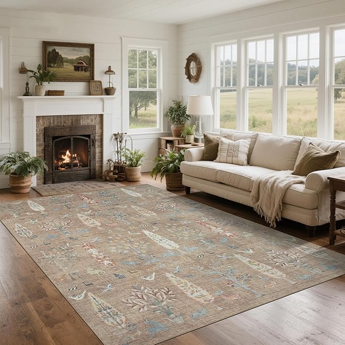 Srugn Washable Rugs 8x10 Area Rugs for Living Room,Bedroom,Dining Room-Large Ultra Soft Faux Wool Retro Carpet,Non Slip&Non-Shedding Low Pile Vintage Print Rug for Home Office Dorm Playroom-Terracotta