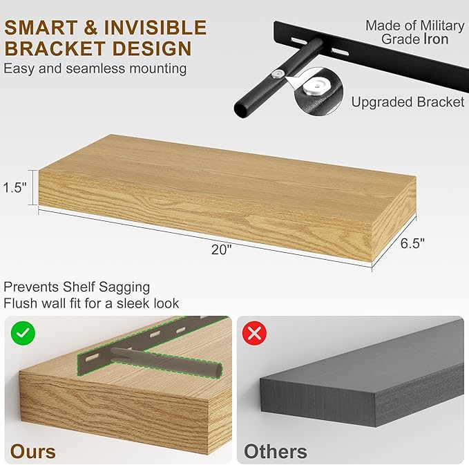 Fun Memories Floating Shelves for Wall, 20Inch Floating Shelves Set of 2, Hanging Shelf with Invisible Brackets, Wood Shelves for Living Room, Bedroom, Kitchen, Oak