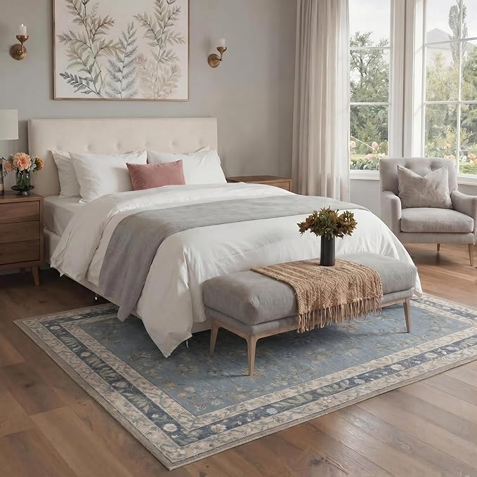 GENIMO 5x7 Area Rugs for Living Room, Machine Washable Non Slip Vintage Rugs, Low Pile Lightweight Chenille Print Rug for Bedroom, Dining Room, Home Office, Dusty Blue