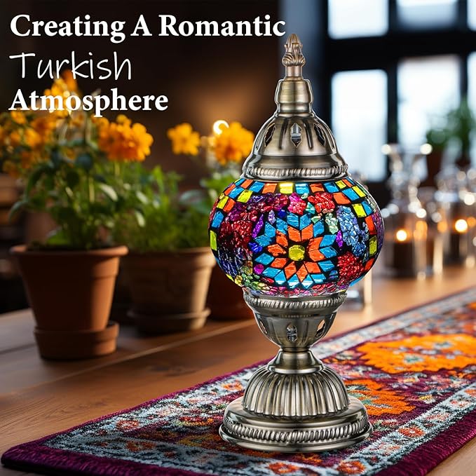 Marrakech Turkish Table Lamp with Bronze Base，Handmade Colorful Moroccan Tiffany Style Mosaic Glass Night Stand Light Fixture Including LED Bulb for Living Room Bedroom Decor (Colorful1)