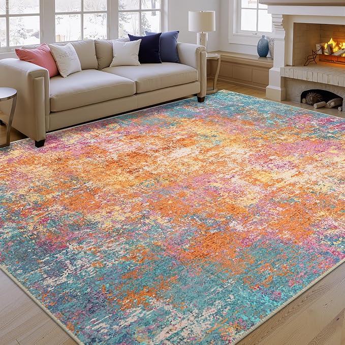 RELEANY Washable Area Rugs 8'x10' Non-Slip Modern Abstract Soft for Living Room Entryway Bedroom Nursery, Print Pattern, Orange Blue Pink Yellow Colorful