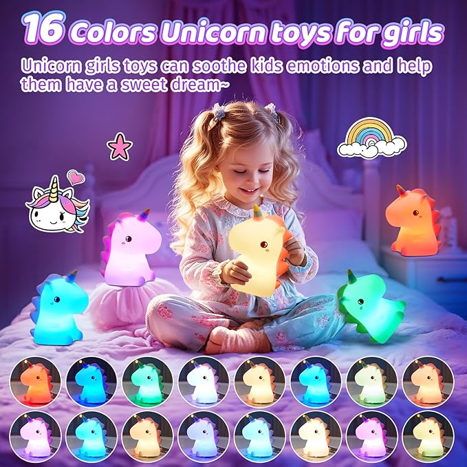 One Fire Unicorn Night Light for Kids, 16 Colors & Remote Control Baby Night Light, Rechargeable Unicorn Lamp, Cute Gifts for Kids Gifts Teen Girl Gifts