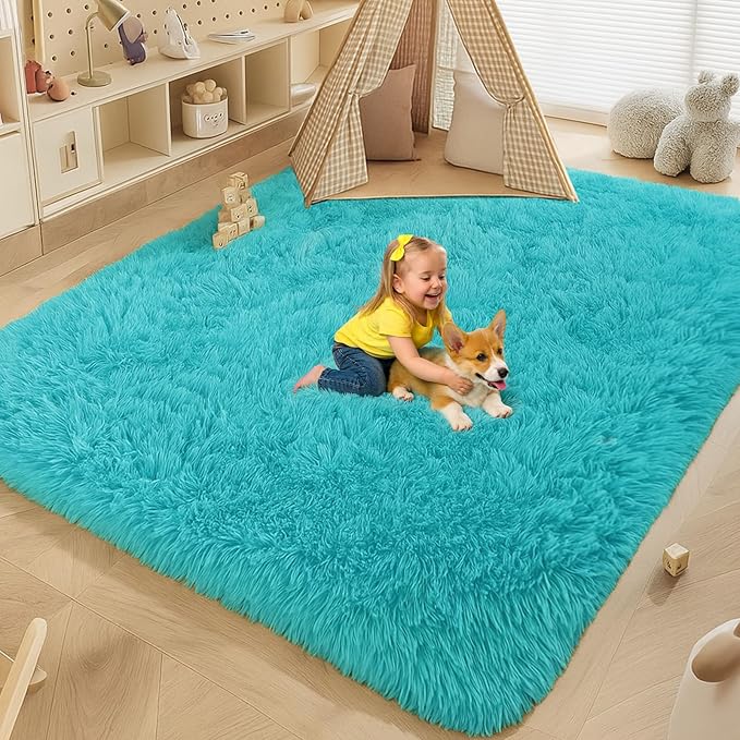 Teal Blue Plush Rug 9x12, Fluffy Shag Carpet Non-Slip, Area Rug for Living Room Bedroom, Modern Soft Rug for Kids Dorm, Hypoallergenic Easy-Clean