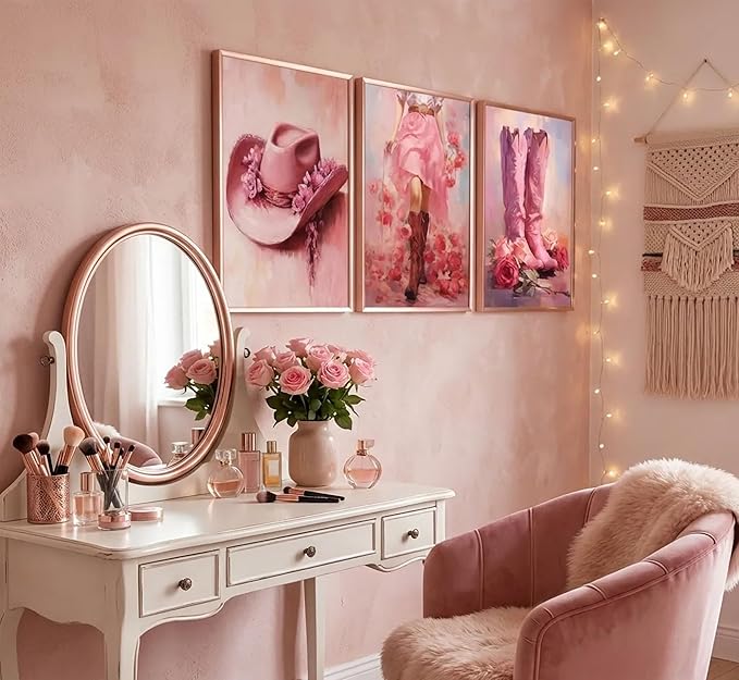 3Pcs Pink Cowgirl Canvas Wall Art Funky Cowgirl Boots Posters Prints Paintings Western Flower Boots Hat Aesthetic Pictures Wall Decor for Preppy Room Bedroom Apartment Decoration Unframed
