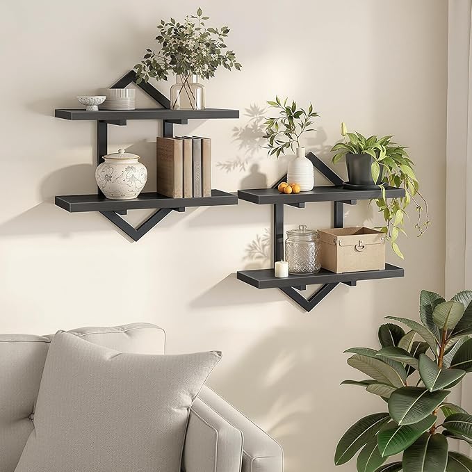 HOOBRO Floating Shelves, 15 Inch Wall Shelf Set of 2, Wall Mounted Storage Shelves 2-Tier, Hanging Bathroom Shelves, for Living Room, Bedroom, Bathroom, Kitchen, Black BB13BJP201