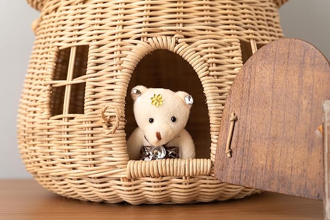 Mushroom Shaped Storage Basket, Extra Large Size, Natural, Rattan and Mindy Wood Door, D14"xW14"xH15" (36x36x38cm), Indirect Lighting Box, BLY-21NA
