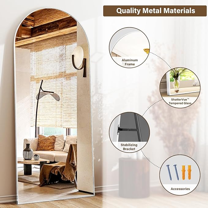 XRAMFY 24x68 Arched Full Length Mirror Floor Mirrors with Aluminum Alloy Frame Free-Standing Wall Mounted Floor Mirrors or Large Dressing Mirror, Silver Mirror Full Length
