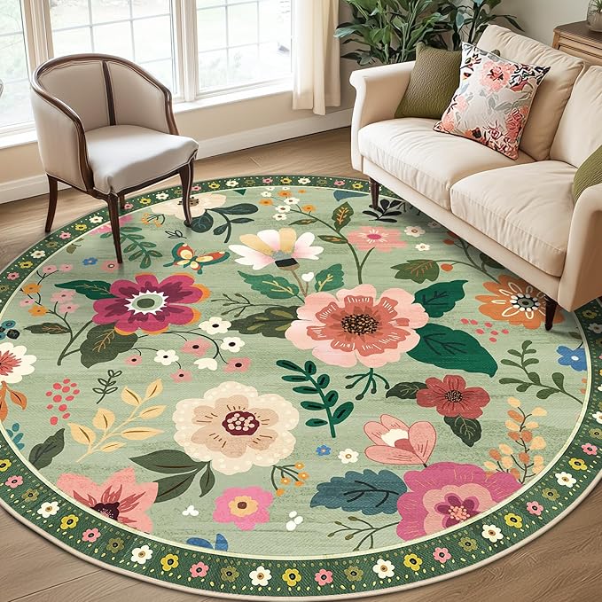 RELEANY Floral Nursery 8ft Area Rugs Washable Print Boho Cute Carpet Non Slip Flower Low Pile for Living Room Kids Girls Playroom Bedroom Kitchen Office Farmhouse-Light Green