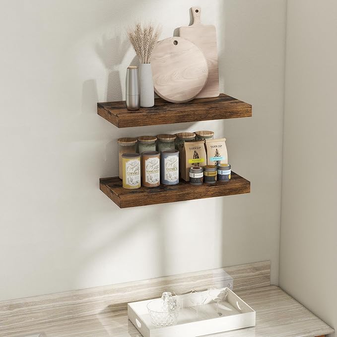 12 Inch Deep Floating Shelves for Wall, 24 x 12 Rustic Wood Grain Bathroom Shelves with Invisible Brackets, Easy Install Wood Storage Shelves for Kitchen, Living Room, Bedroom, Rustic Brown, Set of 2