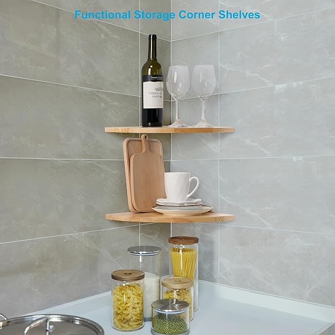 Waterproof Natural Wood Corner Wall Shelves Set of 2, Rustic Wood Corner Floating Shelves with Cable Raceway for Bathroom Kitchen Study Bedroom (12 Inch, Fan-Shaped)