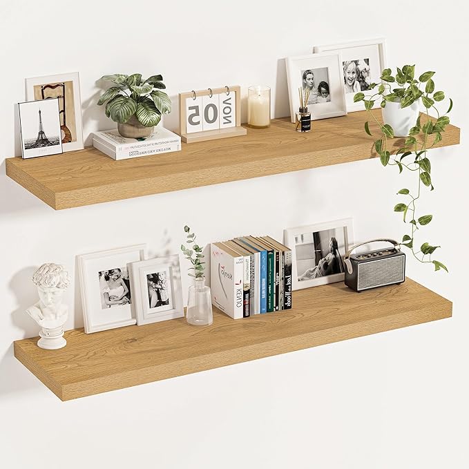 Vivelove 12 Inch Deep Floating Shelves 47.2 inch Long, Thick Wall Shelves with Wood Grain Texture, Shelf for Bedroom Bathroom Living Room Kitchen Office, Rustic Farmhouse Decor, Set of 2, Oak