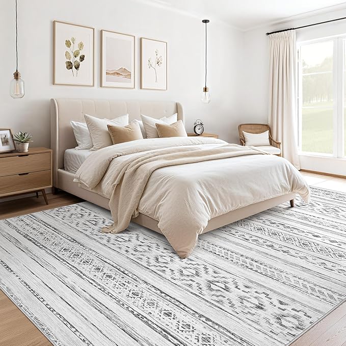 cotiled 7x9 Area Rug Living Room: Washable Boho Rugs with Non Slip Backing Large Soft Indoor Stain Resistant Carpet for Bedroom Farmhouse Dining Room Lightweight Home Decor Cream Grey