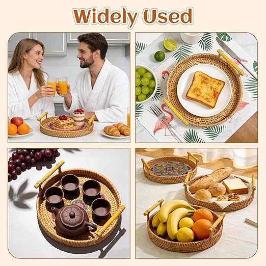 28cm/11.02in Oval Rattan Woven Tray Basket with Handles, Hand Woven Round Rattan Serving Decorative Wicker Trays for Table Decor (L)