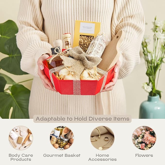 Pack of 5 Baskets for Gifts - Empty Gift Baskets to Fill Ideal for Christmas Gift Baskets and Valentines Day Presents | 8" x 6.69" x 2.75" Red Linen