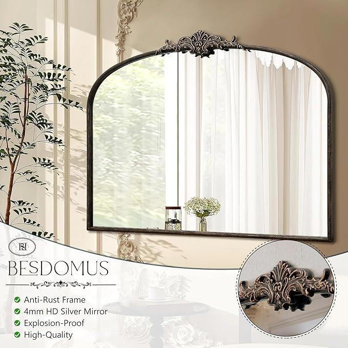 Besdomus Vintage Arched Black Mirror: 40"x29" French Large Arch Antique Wall Mounted Mirror - Baroque Traditional Ornate for Entryway/Living Room/Fireplace/Bathroom- Home Decor for Interior Designers