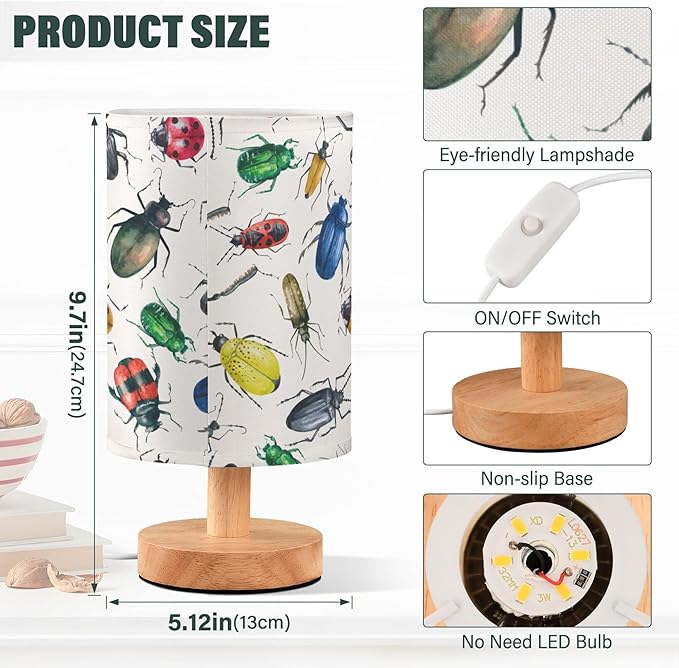 Table Lamp Watercolor Insect Beetle Pattern Nightstand Lamp with Wood Base Fabric Lamp Shade Bedside Desk Lamp for Living Room Bedroom Kids Room Office