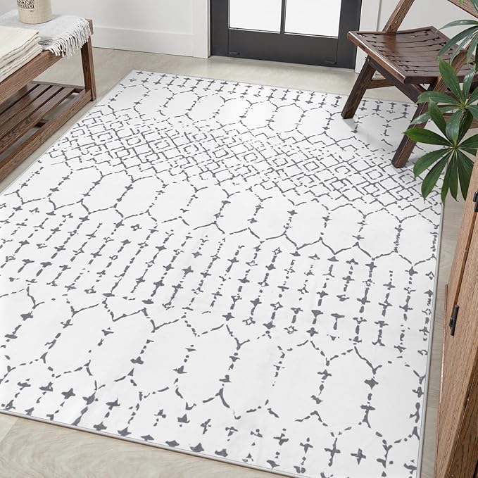 Lahome Moroccan 8x10 Rugs for Living Room - Non-Slip Washable Ultra-Thin Large Rug for Dining, Modern Geometric Print Indoor Soft Carpet for Bedroom Office Hana, White