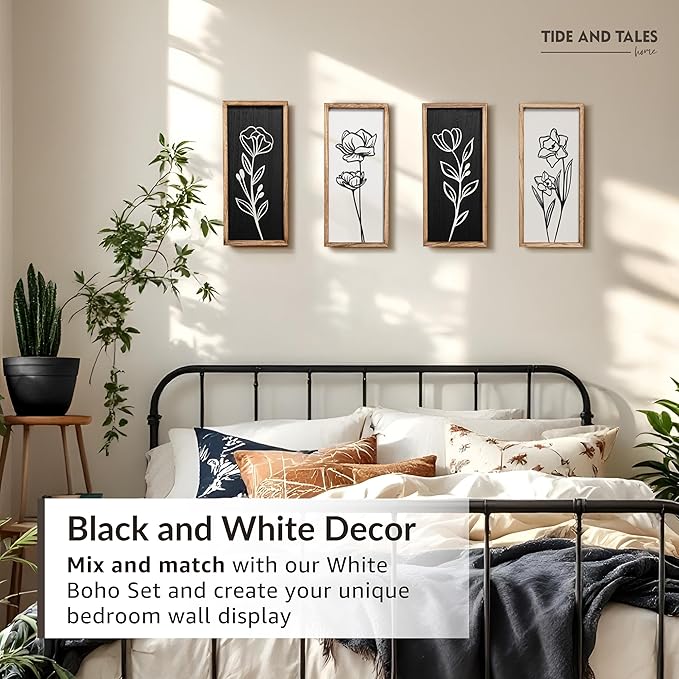 3D Black and White Wall Art (Set of 2) Lightweight, Wooden Ready-to-Hang Framed Floral Wall Art for Bathroom, Bedroom, Living Room or Office – Boho Botanical Farmhouse Decor – Gift-Boxed