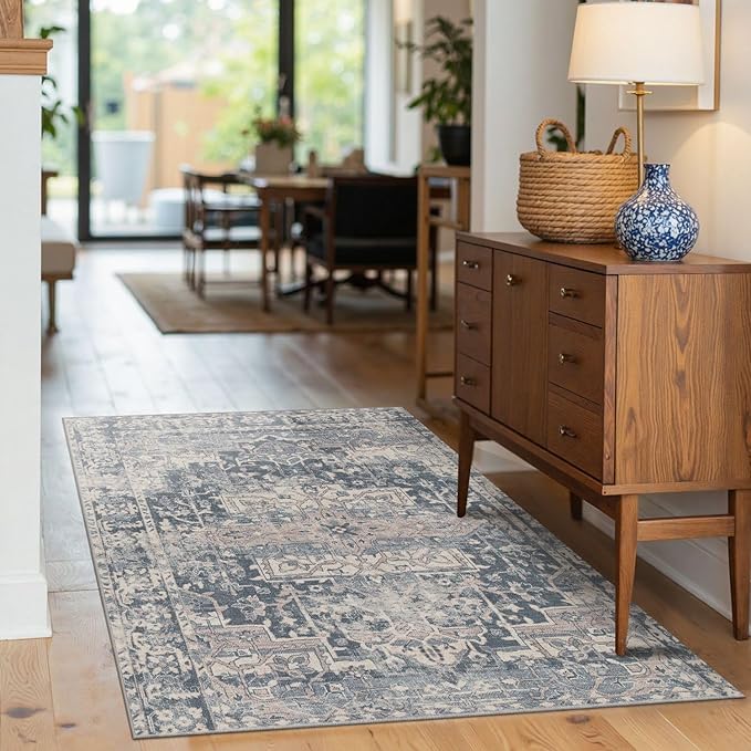 Rugxara 3x5 Rug for Entryway Bedroom, Blue 3x5 Washable Area Rug, Vintage Retro Boho Throw Rug, Non Slip & Low Pile Small Carpet for Indoor Kitchen, Bedside, Living Room, Bathroom and Dining