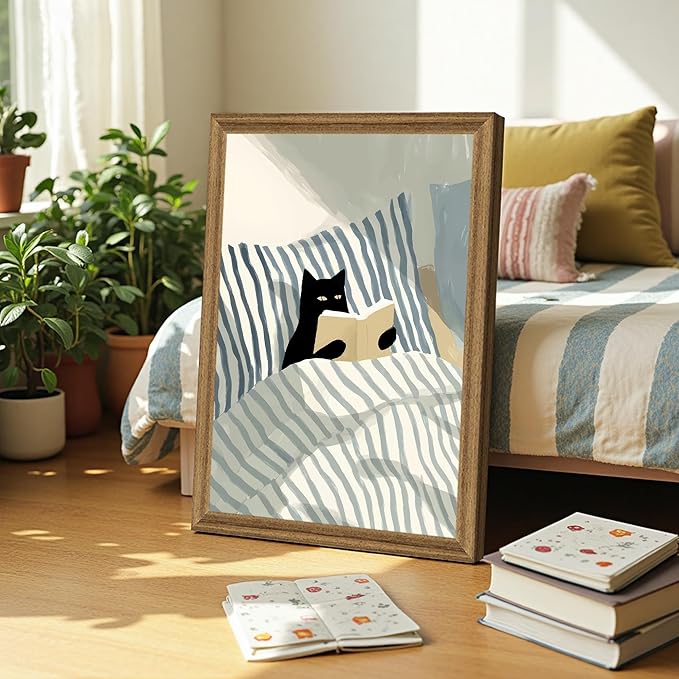 Fantasy Artists Reading Black Cat on Bed Wood Framed Wall Art, Easy to Hang Fade Resistant Art Prints, Perfect for Bedroom Living Room Bathroom Home Office Wall Decor, 16x24 Inches