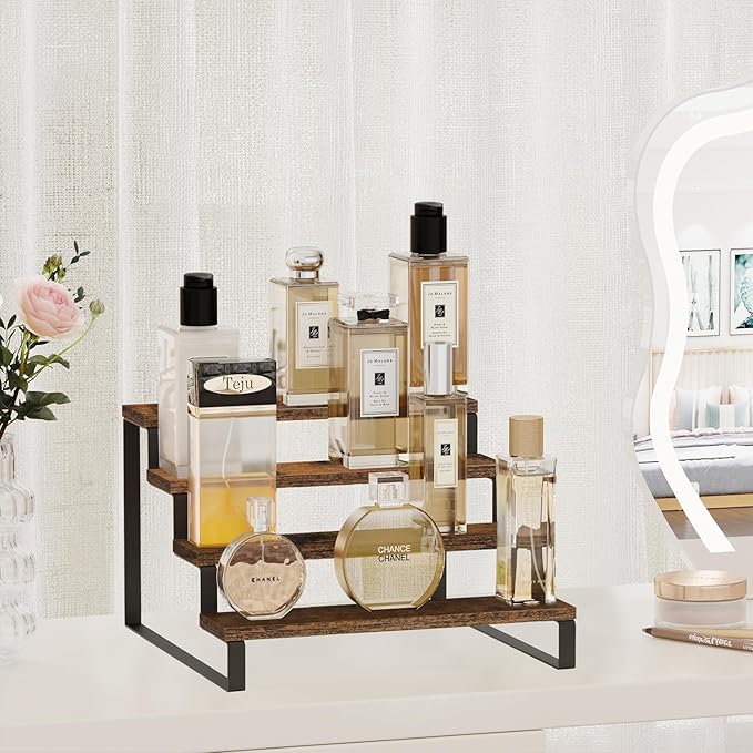 YINMIT Wooden Perfume Organizer, Tiered Cologne Organizer for Men, Black Cologne Stand Perfume Stand, Risers Display Stands for Perfume, Makeup, Cupcake, Dessert, Party (4 Tier Retro, 11.8 In)