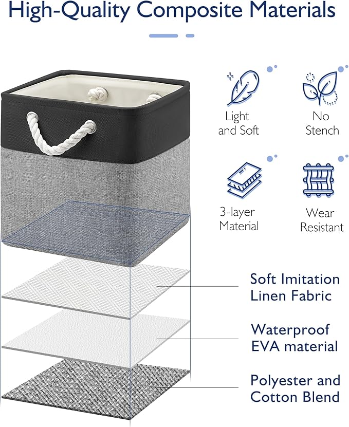 Patvingot 11 Inch Cube Storage Bins, 4 Pack Fabric Storage Cubes with Rope Handles, Organizer Baskets for Closet Shelves, Clothes and Home Organization(Dark/Gray)
