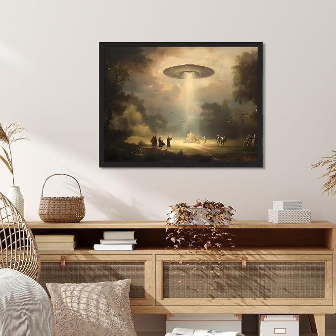 Vintage UFO Landscape Canvas Art Whimsical Farmhouse Wall Decor Retro Victorian Nature Painting Rustic Aesthetic Poster 8X10inch Black Framed