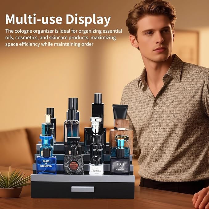 Perfume Organizer for Men, 4 Tier Wood Perfume Display Stand with Velvet Lining Drawer and Hidden Compartment for Watch,Jewelry,Perfume Display Risers,A Gift for Men (Black+Gray)