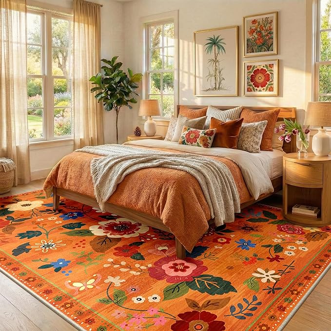 RELEANY Floral Nursery 6x9 Area Rugs Washable Print Boho Cute Carpet Non Slip Flower Low Pile for Living Room Kids Girls Playroom Bedroom Kitchen Office Farmhouse-Burnt Orange