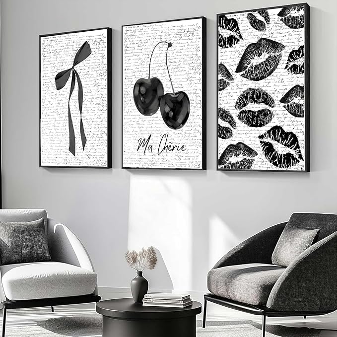 3Pcs Black Framed Fashion Lips And Cherry Canvas Wall Art Vintage Girl Funky Aesthetic Bow Wall Decor Ma Cherie Dark Coquette Posters Prints for Neutral Preppy Apartment Girl (Black Framed, 10"L x 8"W)